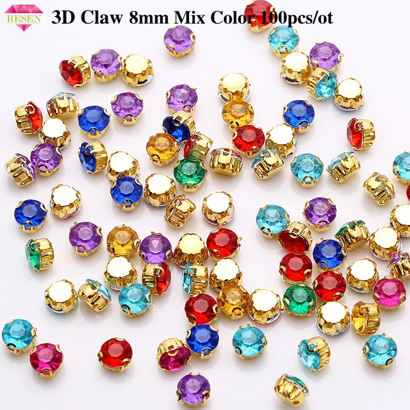 RESEN 8mm Acrylic 3D Gold Claw Rhinestone Mix Color Sew On Rhinestones