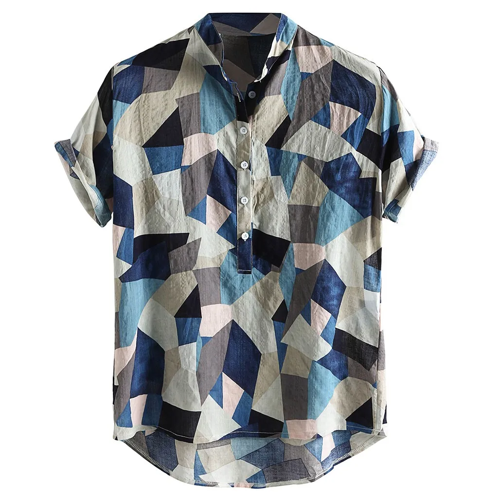 Модные мужские летние популярные цветные повседневные свободные дышащие рубашки со стоячим воротником и коротким рукавом camisa masculina - Цвет: Синий