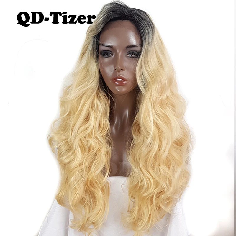 

QD-Tizer Long Hair Lace Front Synthetic Wig Dark Root Blonde Ombre 613 Wavy Side/Middle Part Lace Front Wig Baby Hair
