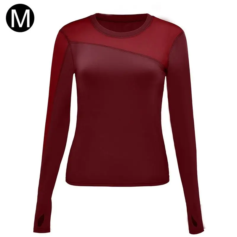 Wine Red M Одежда для йоги, женские топы, сетчатые, для бега, фитнеса, с длинными рукавами, быстросохнущие, красота, спина, спортивная одежда, дышащий, фитнес-костюм - Цвет: Wine Red M