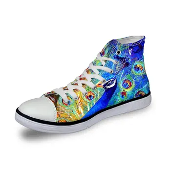 

WHEREISART Fashion Unisex Owl Wolf Horse Animal Print High Top Lace Up Shoes Casual Canvas Sneakers for Women and Men Peacock