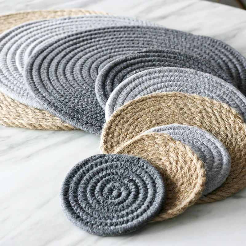 

Placemat Pad Coasters Kitchen Table Mats Cotton Linen Knitting Bowl Mats Padding Mat Insulation Pad Round Placemats Hand-made