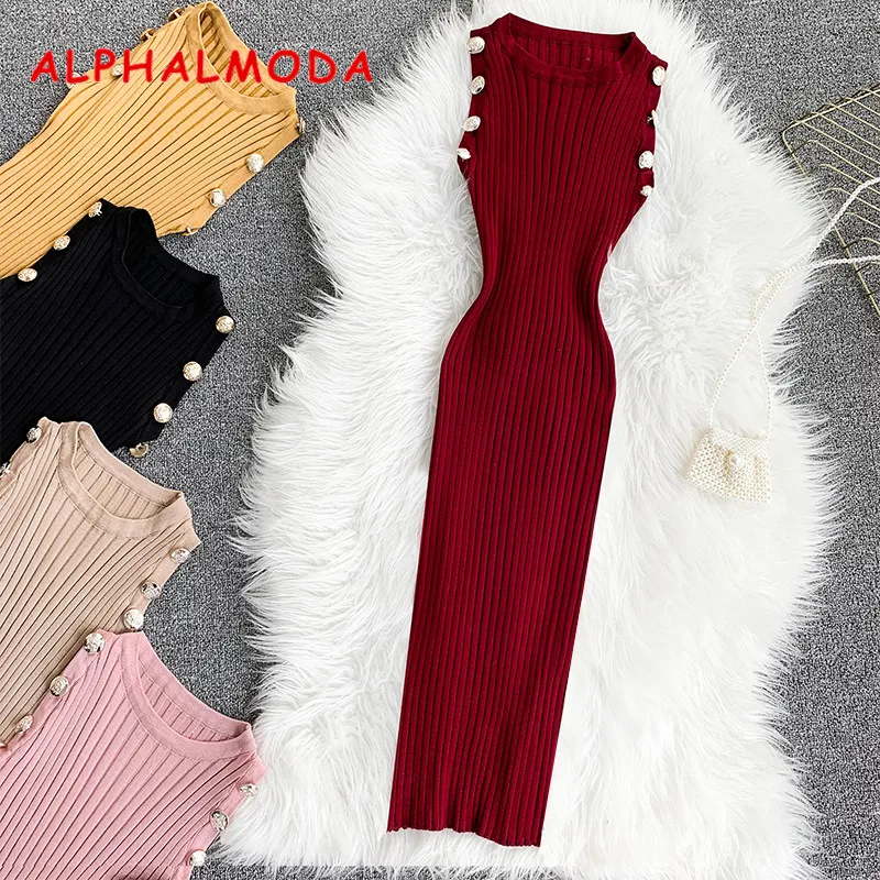 

ALPHALMODA Elastic Knitted Button Decorative Sleeveless Tank Dress Slim Stretchy Sheath Mini Pullovers Spring Bottom Vestidos