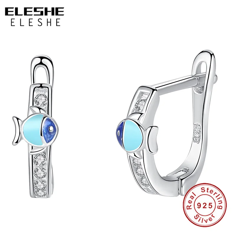 

ELESHE Genuine 925 Sterling Silver Blue Enamel Fish Cubic Zirconia Crystal Hoop Earrings for Children Kids Fashion Jewelry