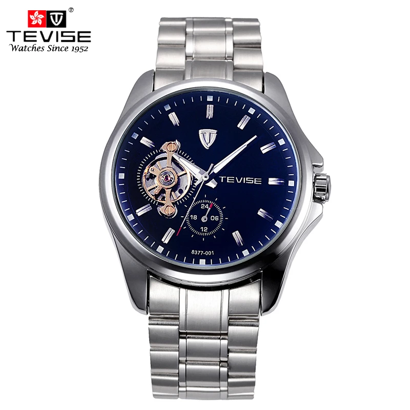 

TEVISE Men Skeleton Automatic Watch Mechanical Self Wind Silver Stainless Steel Toubillon Watches Fashion Casual Wristwatch 8377