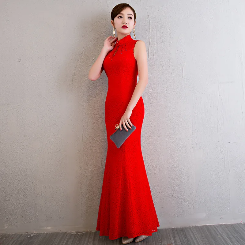 

Sexy Sleeveless Ladies Slim Mermaid Dress Oversize 3XL Chinese Wedding Bride Qipao Elegant Mandarin Collar Cheongsam Vestidos