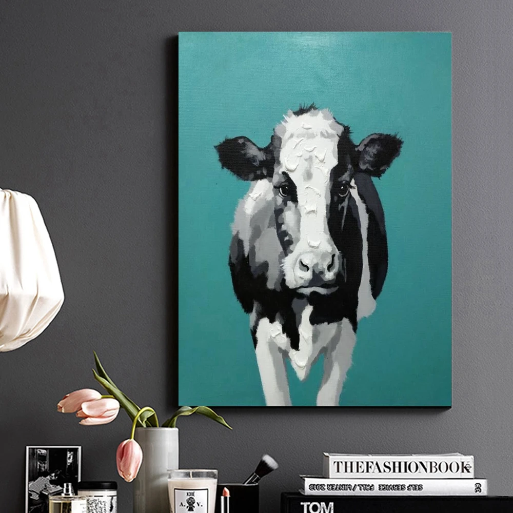

Hand Painted Black and White Cow Oil Canvas Painting for Kitchen Baby Room Wall Decor Green Background Animal Artwork Home Decor