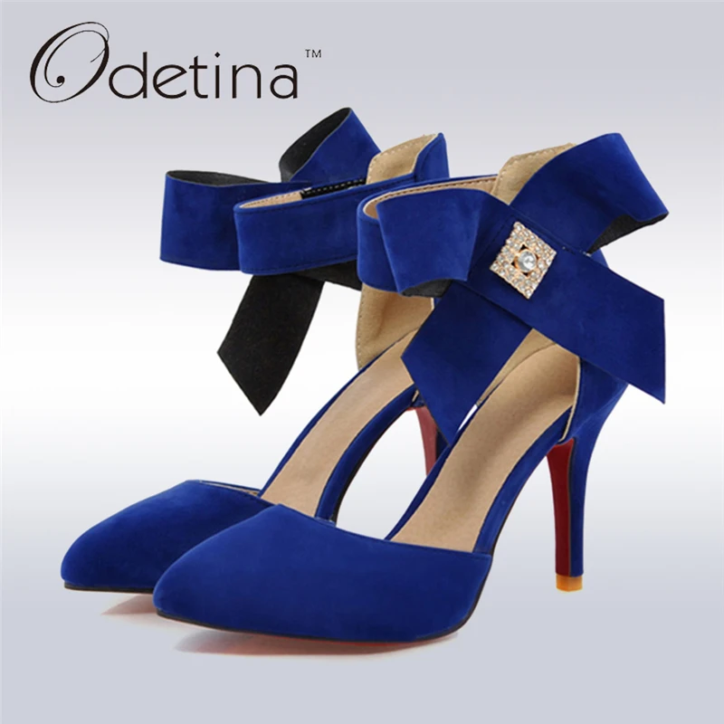 

Odetina 2017 Women High Heels Bow Tie Pointy Stiletto Heels Pumps Ankle Strap Sexy Club Party Shoes Wedding Heels Big Size 42