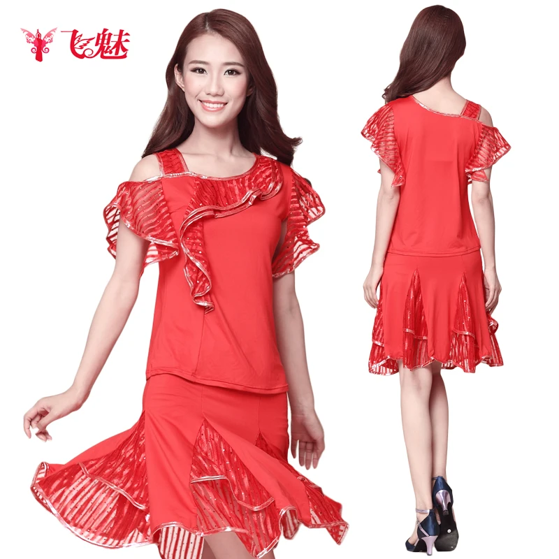 Adult Women's Latin dance clothing suit top +skirt 2pcs/set Square