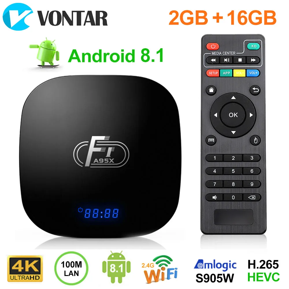 

Smart Android 8.1 TV Box Amlogic S905W Quad Core 2GB 16GB H.265 4K 30tps 2.4GHz WiFi Media Player Set Top Box A95X F1 1GB 8GB