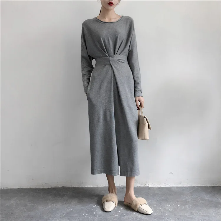 Новое весеннее эластичное женское платье с круглым вырезом, длинными рукавами, высокой талией и регулируемой талией, корейские платья для девочек E204 - Цвет: Gray