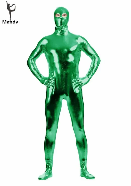 Men Full Body Metallic Green Lycra Bodysuit With Open Eye Shiny One Piece  Spandex Unitard Skin-tight Full Zentai Costume Party