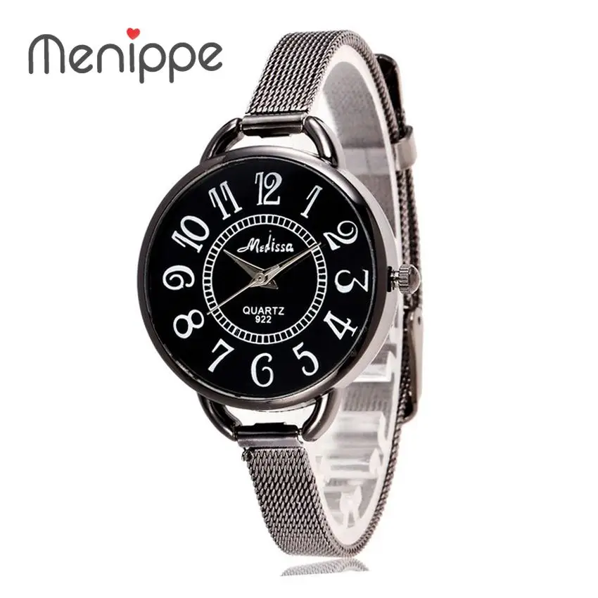

2017 New HOT Menippe Women's Watches Stainless Steel Fine Mesh Black Quartz Bracelet Wristwatches Women Ladies Dress Watch