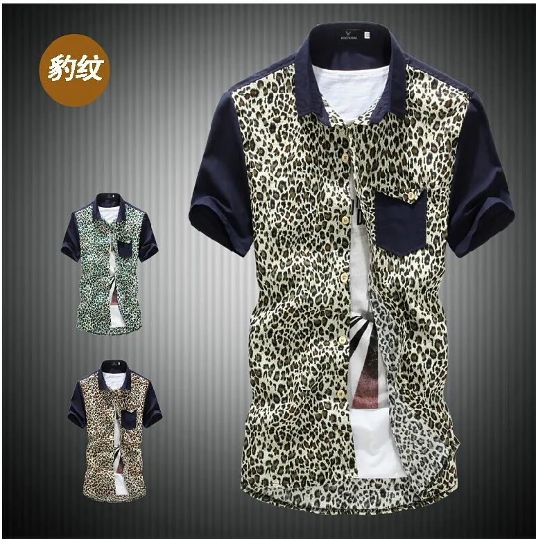 2016 Mens Slim Fit Man Top Short Sleeve Shirts Leopard Printed 2016 Mens Slim Fit Man Top Short Sleeve Shirts Leopard Printed Fl Beach Dress Blue Brown Grey M L