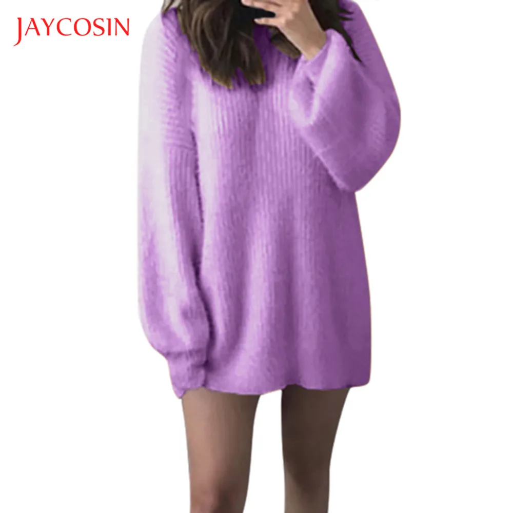 Jaycosin Одежда Женская осенне-зимний свитер с круглым вырезом женская фиолетовая блуза с длинными рукавами теплый свитер свободный свитер-платье