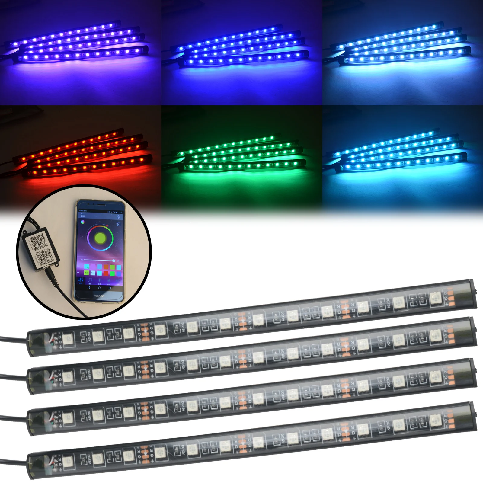 

Mayitr 4pcs Multicolor RGB 5050 Car 12 SMD LED Strip Lamp Neon Interior Decorative Atmosphere Light Phone APP Music Control Kit