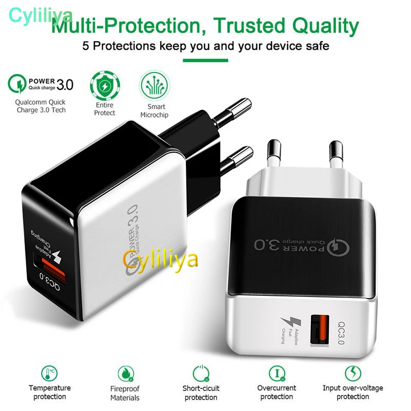 100 шт QC 3,0 быстрое настенное зарядное устройство USB Quick Charge 5 V 3A 9 V 2A путешествия Мощность адаптер, быстрая зарядка США ЕС Разъем для iPhone 7 8 X
