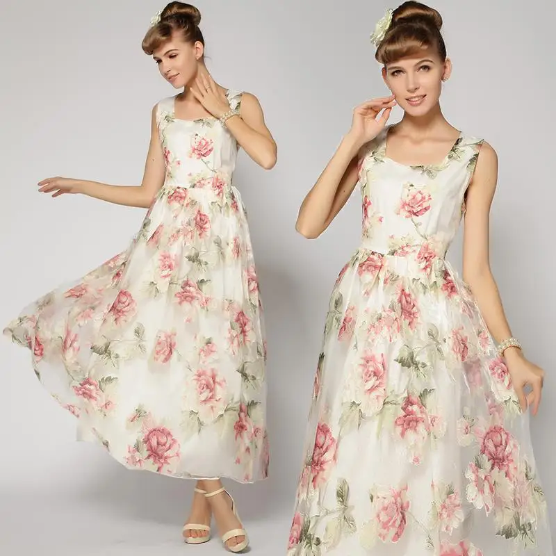 

Free Shipping Spring Korean wild sweet Harajuku organza dress white dress lady commuter gauze printed beach dress party dress