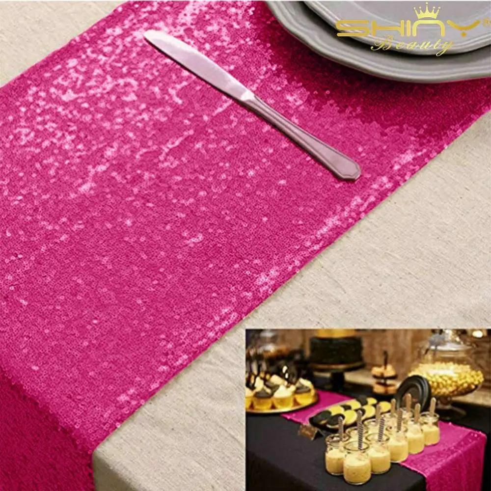 Элегантный шампанского блесток настольная дорожка Свадебная вечеринка стол Decration-12x108inch-ay - Цвет: Fushcia Color