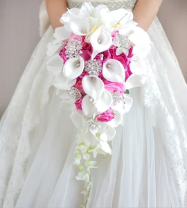 JaneVini Waterfall Red Wedding Flowers Bridal Bouquets Artificial Pearls Crystal Wedding Bouquets