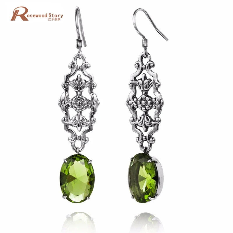 

Ethnic Statement Drop Dangle Hanging Earrings for Women Olive Created Peridot Crystal Vintage Earring Solid 925 Silver Jewelry