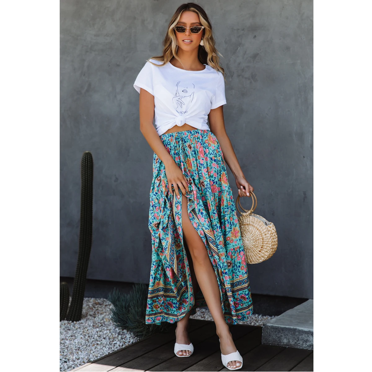 Turquoise Print Maxi Skirt Women High Waist Floral Vintage Skirts ...