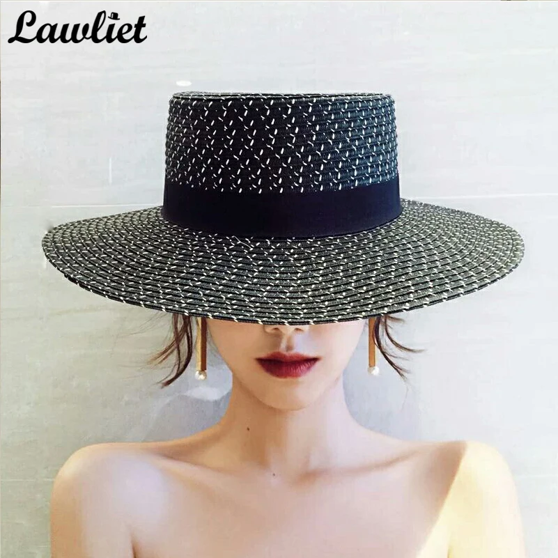 New Fashion Women Straw Hats Wide Brim Summer Cap Black Flat Top