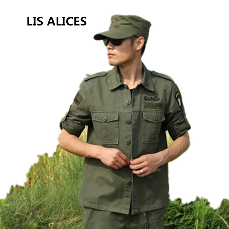 Мужская рубашка с эполетом LIS ALICES армейская зеленая длинным рукавом в Военном