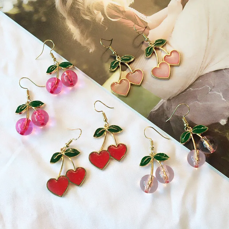 

Sweet Fresh Cherry Heart Drop Earrings for Women Cute Fashion Drop Glaze Fruit Cherry Pendant Earrings Girl Female Gifts Jewelry