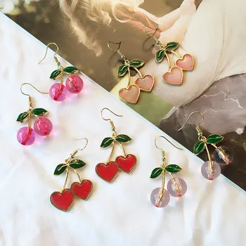 

Sweet Fresh Cherry Heart Drop Earrings for Women Cute Fashion Drop Glaze Fruit Cherry Pendant Earrings Girl Female Gifts Jewelry
