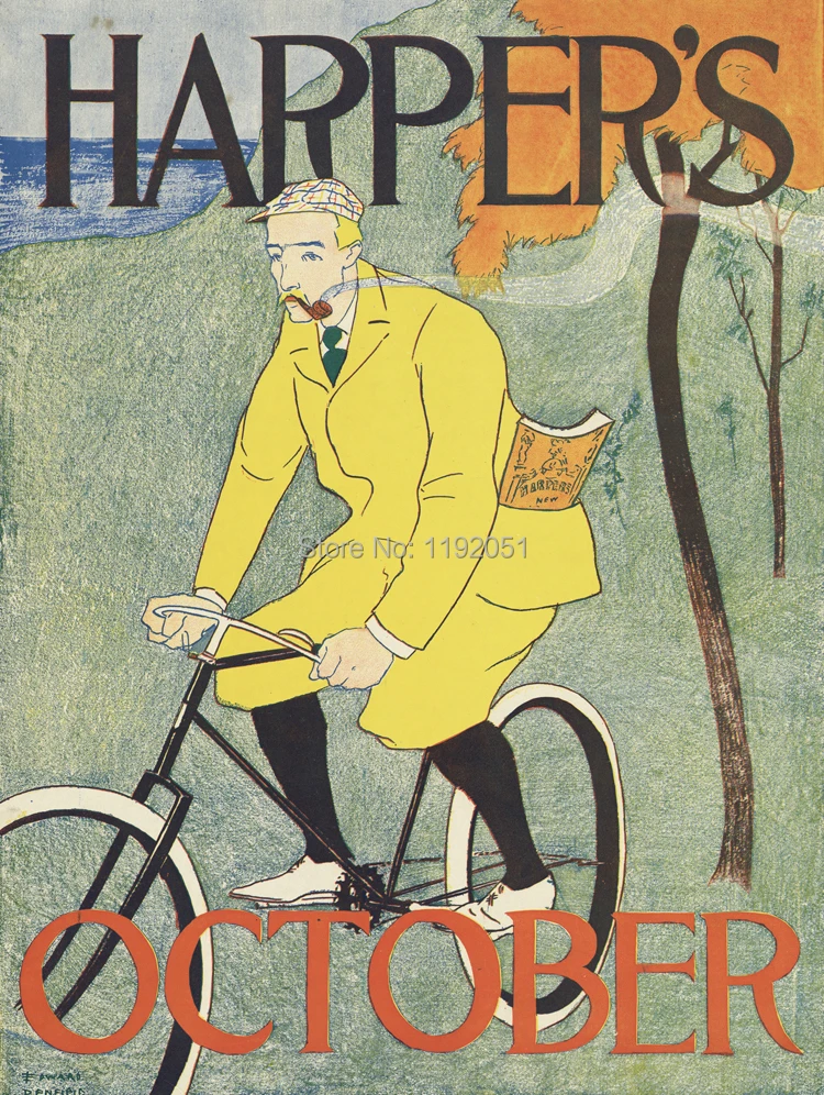 

modern decorative paintings posters mural prints the Harpers October yellow man on bikeby Edward Penfield vintage art