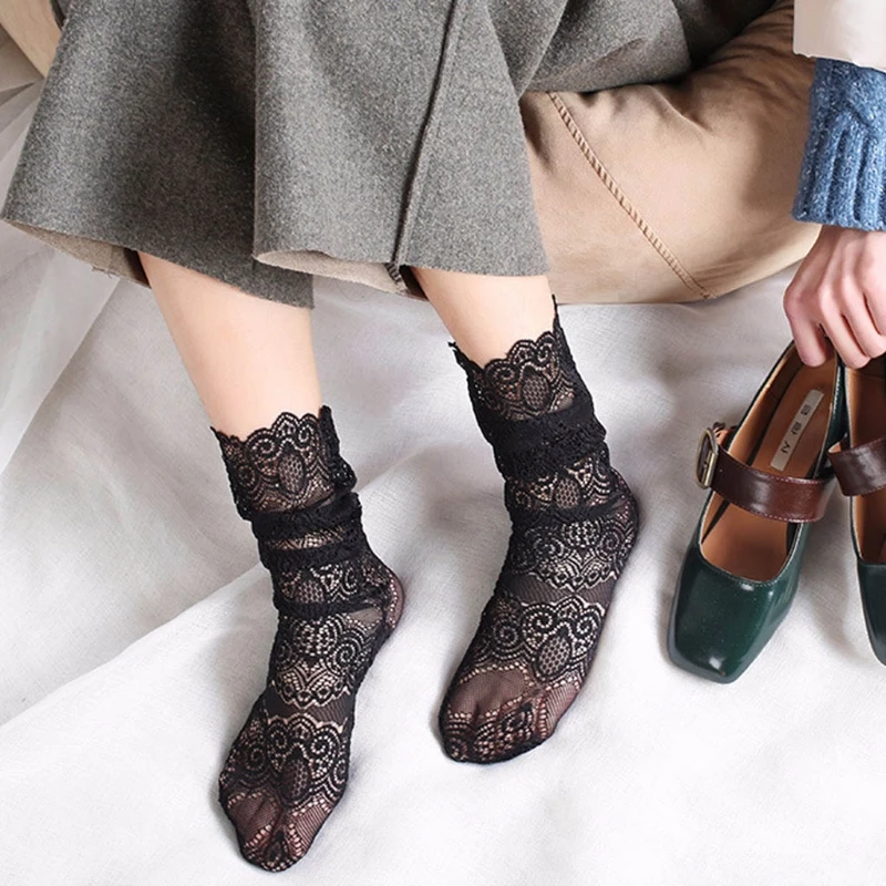 

Fashion Transparent Lace Mesh Casual Sexy Retro Glitter Print Ankle Lady Socks