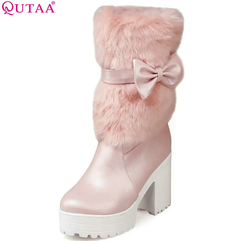 QUTAA/ г. Белая женская обувь женские ботинки до середины икры на высоком каблуке милые зимние женские ботинки с бантиком повседневная обувь на меху размеры 34-42