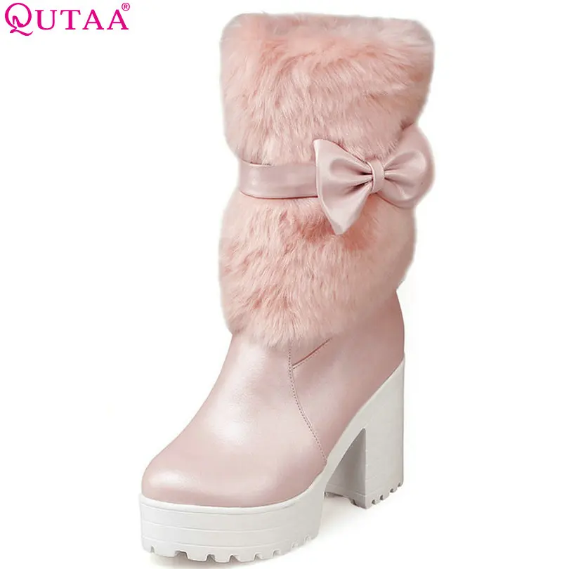 

QUTAA 2017 White Ladies Shoes High Heel Women Mid Calf Boots Sweet Bow Tie Winter Woman Snow Boots Fur Casual Shoes Size 34-42
