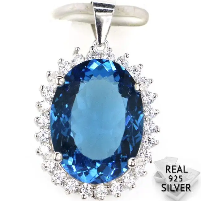 

Guaranteed Real 925 Solid Sterling Silver 4.6g New Designed London Blue Topaz CZ Present Pendant 25x16mm