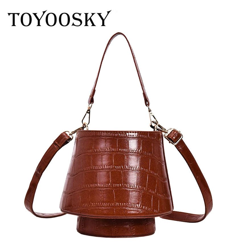 

TOYOOSKY Vintage Alligator Leather Women Bucket Bags Simple Design Small Handbag Drawstring Tote Lady Shoulder Crossbody Bags