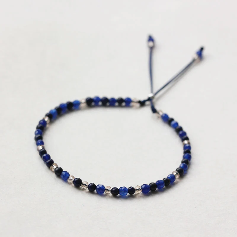 

Natural Lapis Lazuli Thin Bracelet For Women 3mm Small Beads Faceted Crystal 925 Sterling Silver Clasp Beaded Bracelet