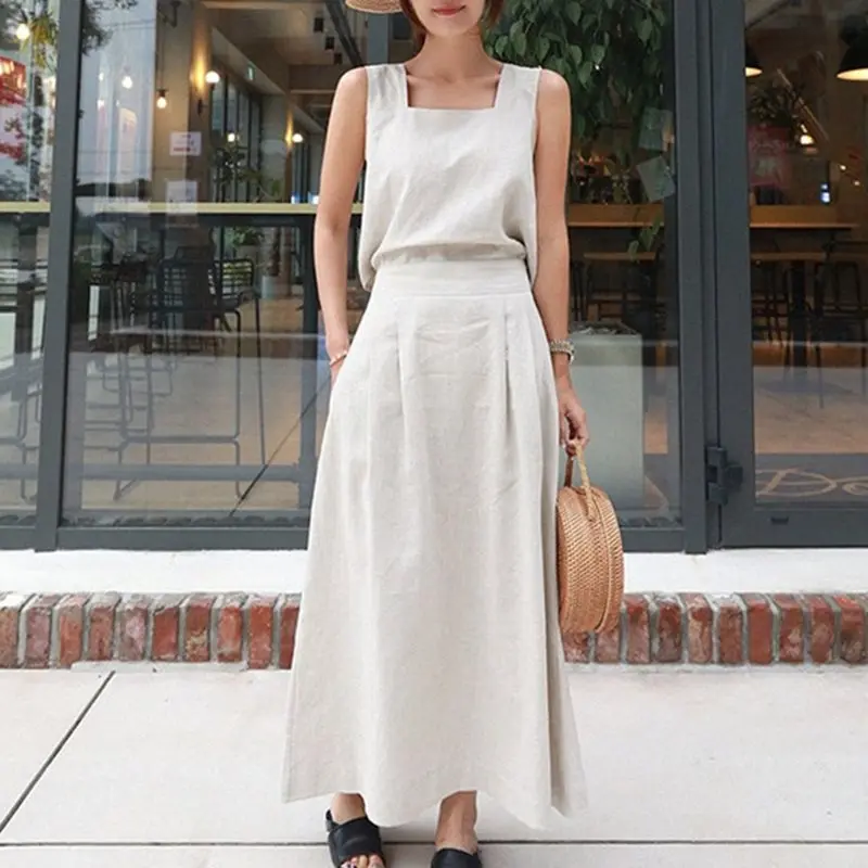 

Cotton Linen Korean Maxi Dress Women Vintage Elegant Beige Fashion Ladies Summer Street Chic Simple Casual Strap Long Dresses