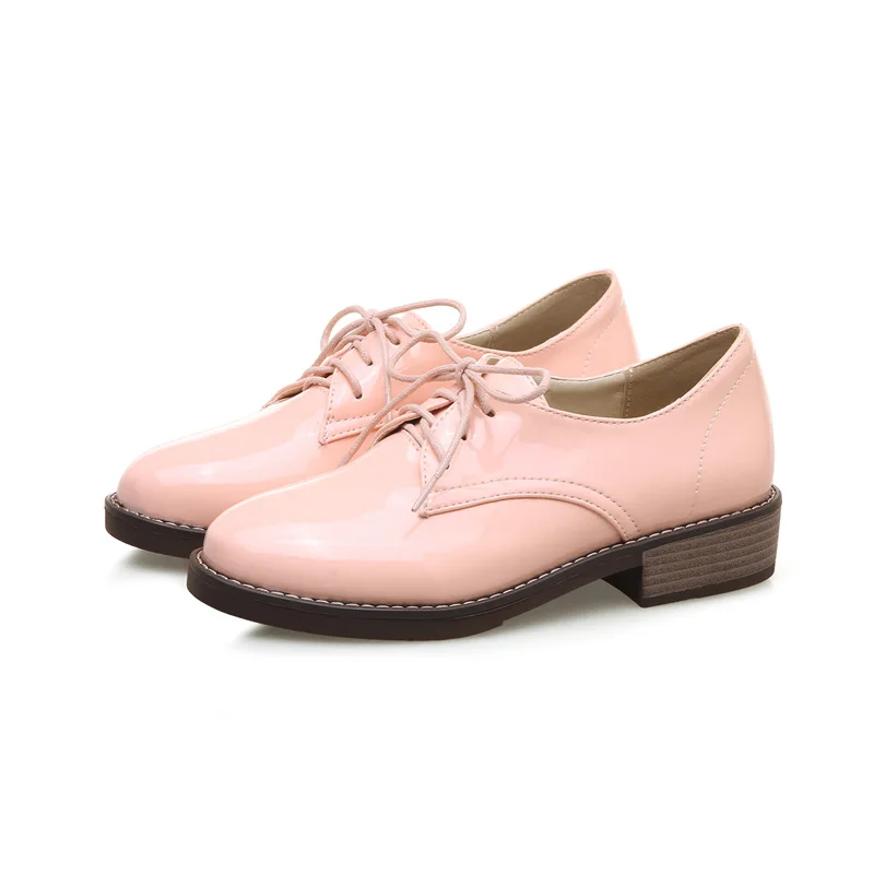 Oxfords Shoes Woman Casual Loafers Lace-Up Flats Fashion Brogue Shoes Patent PU Leather Women Shoes Plus Size Pink Beige Black (1)