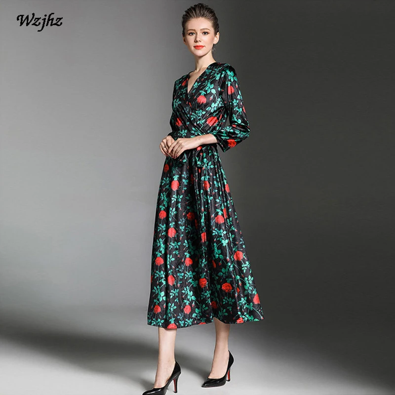 Spring New Small  Floral Printed Velvet Dress  Lace Waist  V 