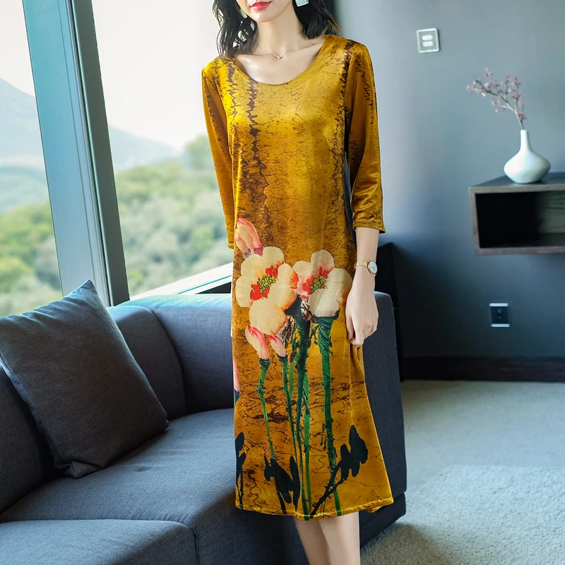 

Yellow women t shirt dress clothes long sleeve plus size large 4xl big elegant Chinese vintage robe dresses print floral midi