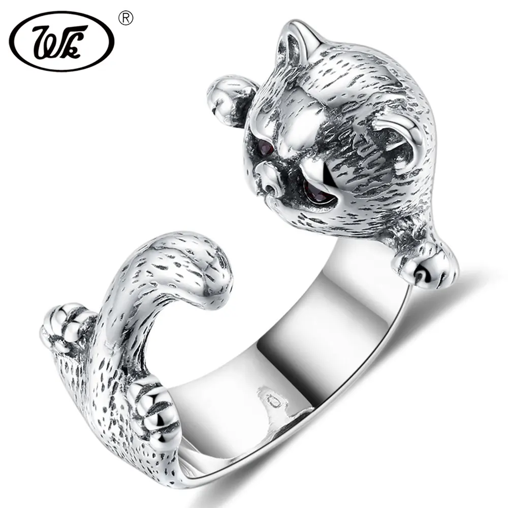 

WK Hot Real Pure 925 Sterling Silver Rings Open Jewelry Women Retro Cat Head Open Adjust Ring Silver Ring DropShipping W4 NRY86