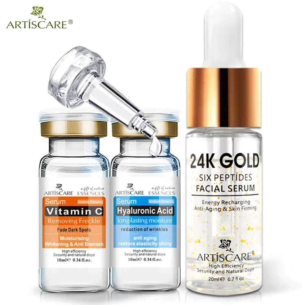 

ARTISCARE 24K Gold Six Peptides Serum +Vitamin C Serum + Hyaluronic Acid Serum Anti-Aging Moisturizing Whitening Brighten Serum