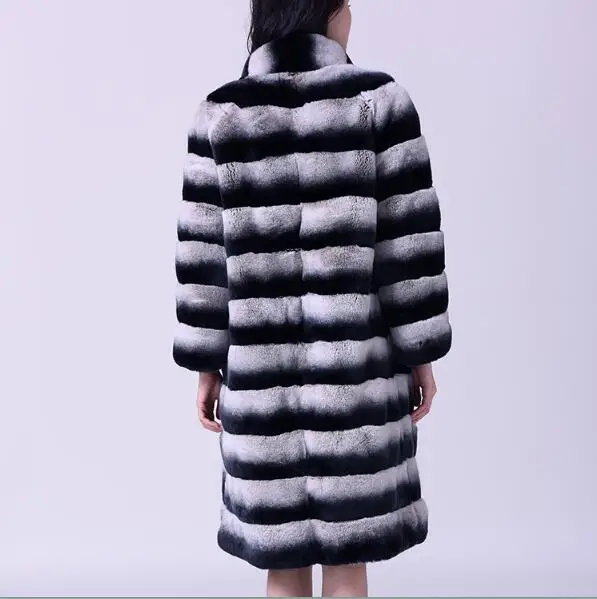 Женское зимнее пальто высшего качества, настоящий мех кролика, стоячий воротник, натуральный мех, куртка, длинный стиль, натуральный мех, шинчилл, меховые пальто