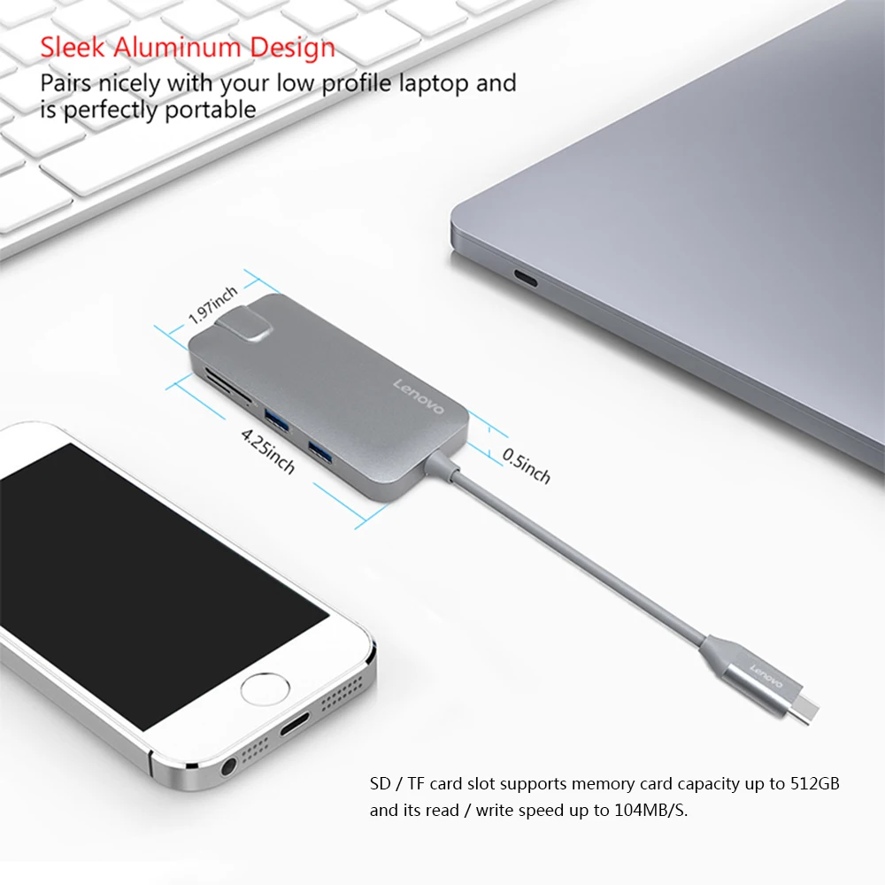 

Lenovo USB 3.0/2.0 Hub USB C to Gigabit Ethernet RJ-45 Adapter Type-C to 4K HD Adapter SD / TF Card Reader for Type-C PC Laptop