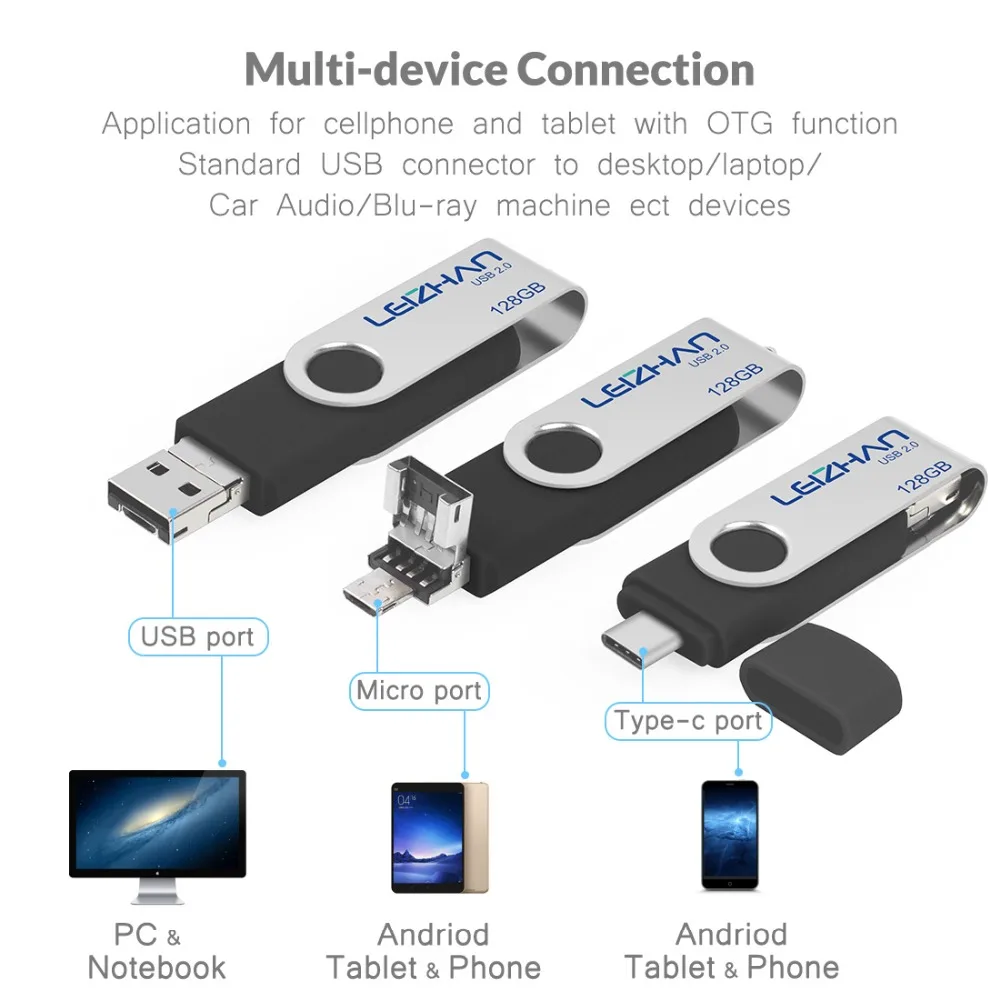 Leizhan OTG USB флэш-накопитель для Android тип-c микро-Фотостудия накопитель 128 Гб 64 ГБ 32 ГБ 16 ГБ 8 ГБ 4 ГБ memoria Флешка 3 в 1 ключ