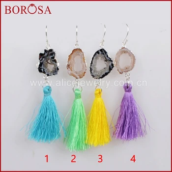 

BOROSA Silver Color Natural Druzy Slice Rainbow Tassel Earrings, Mix Colors Tassel Drop Earrings Druzy Dangle Earrings S1235