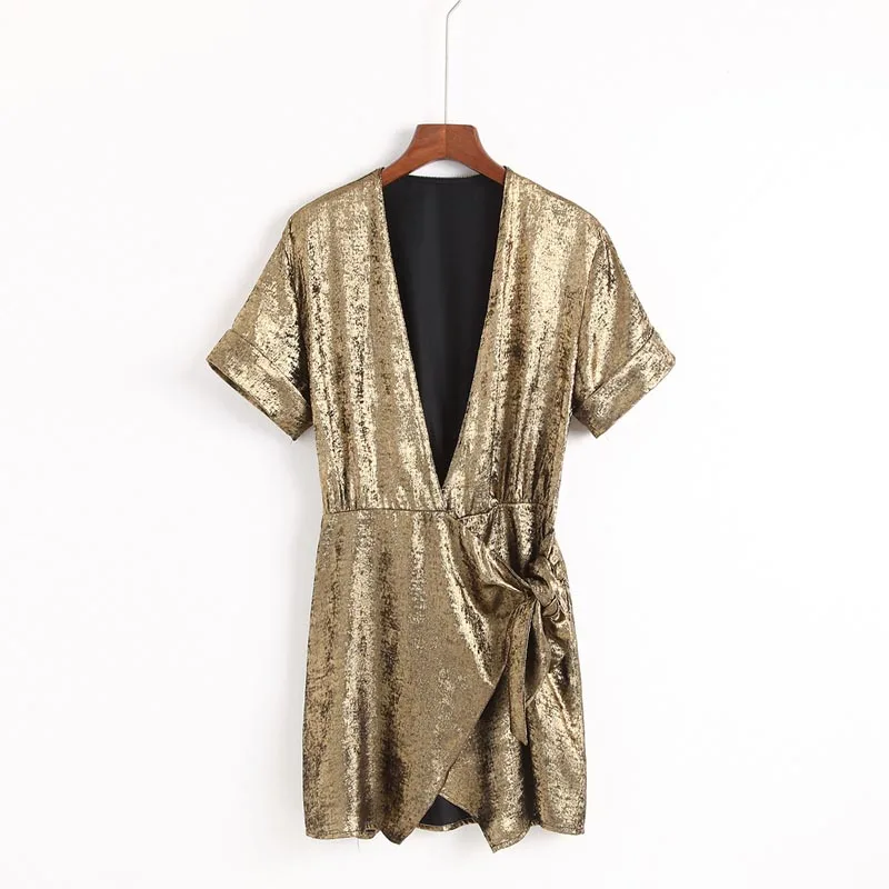

QZ877 Women Sexy Deep V neck Short Sleeve Side Split Bow Knot Metallic Shining Dress Chic Vestidos