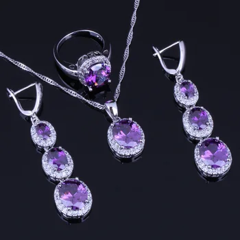 

Candy Oval Purple Cubic Zirconia White CZ Silver Plated Jewelry Sets Earrings Pendant Chain Ring V0035