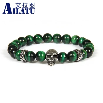 

Ailatu Wholesale 10pcs/lot8mm Natural A Grade Green & Tiger Eye Stone Beads with Stainless Steel Skull Bracelet Not Fade